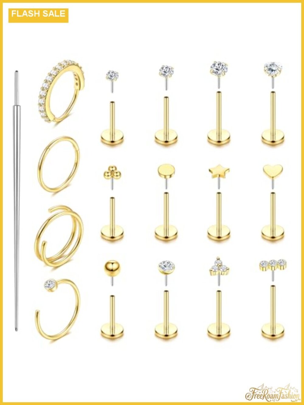 14k Gold Filled Nose Ring Set with CZ, 316L Surgical Steel, Hypoallergenic